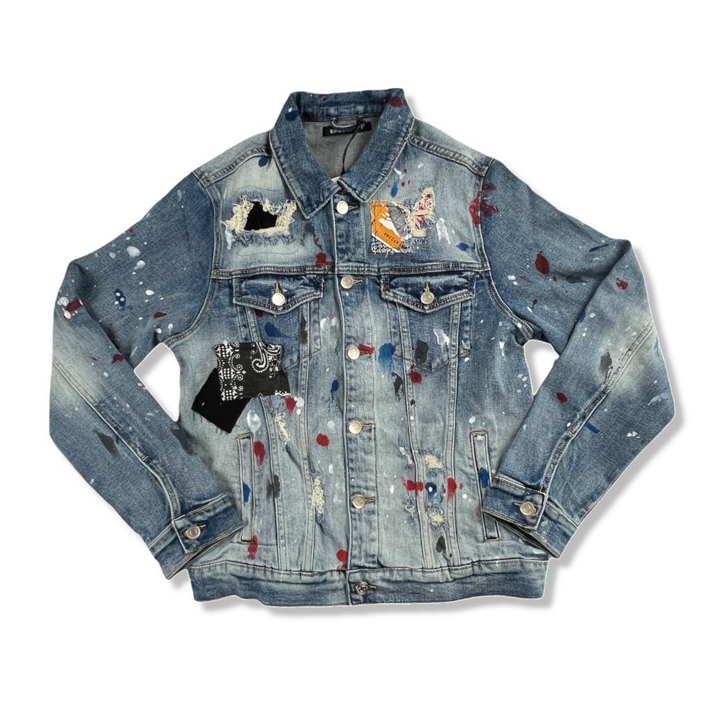 Embellish Unisex Rebel Denim Jacket Blue Patchwork Size Medium New Authentic